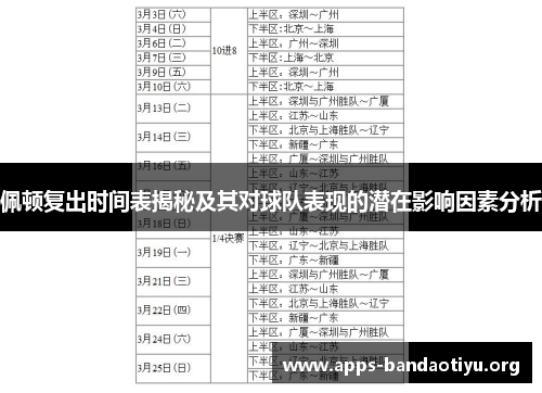 佩顿复出时间表揭秘及其对球队表现的潜在影响因素分析